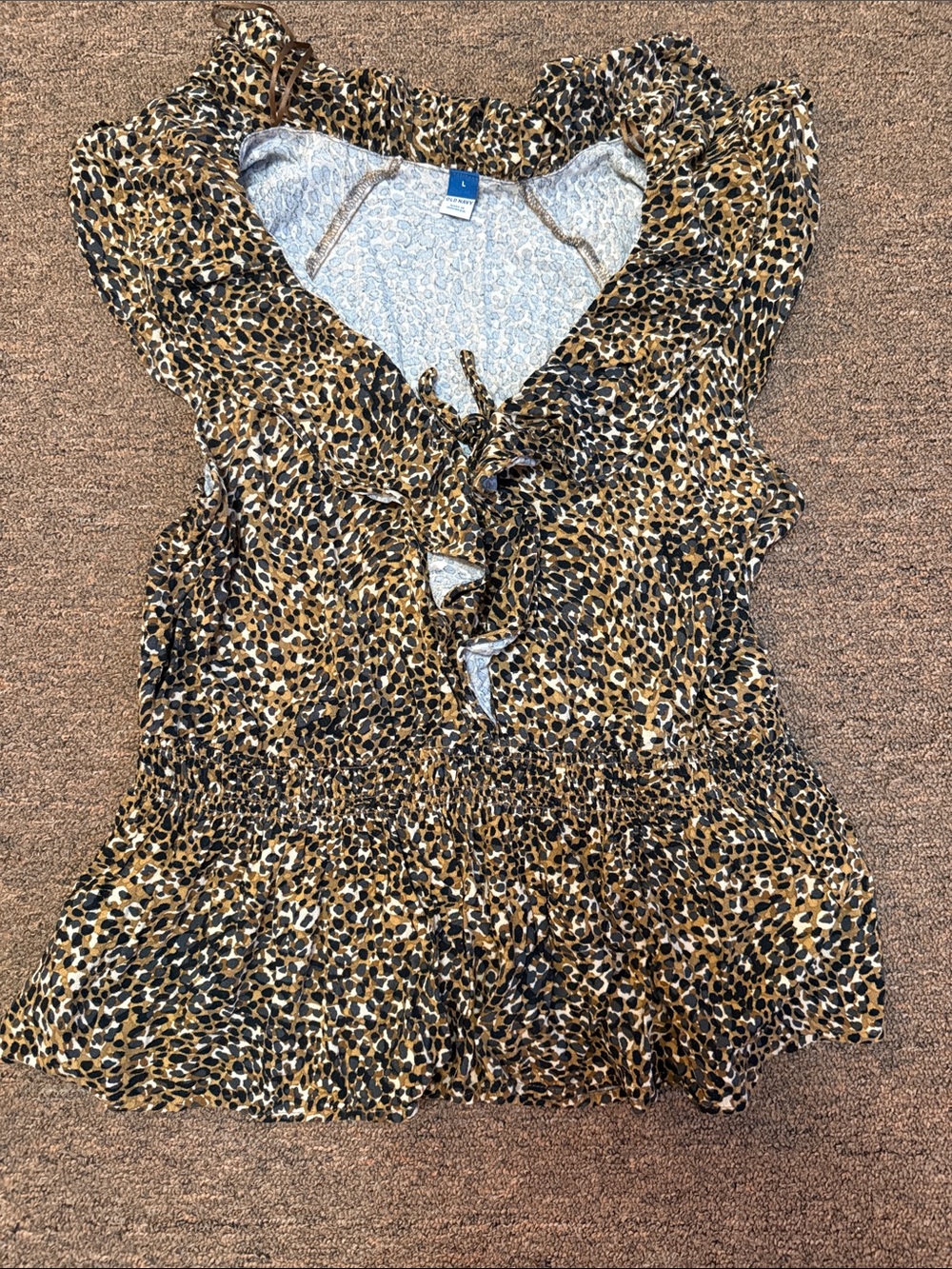 Old Navy Leopard Print Ruffle Tie Blouse in Brown and Black